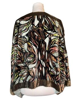 Cocoon House Silk Blend Abstract Leaf Velvet Trim Open Front Kimono Cardigan OS